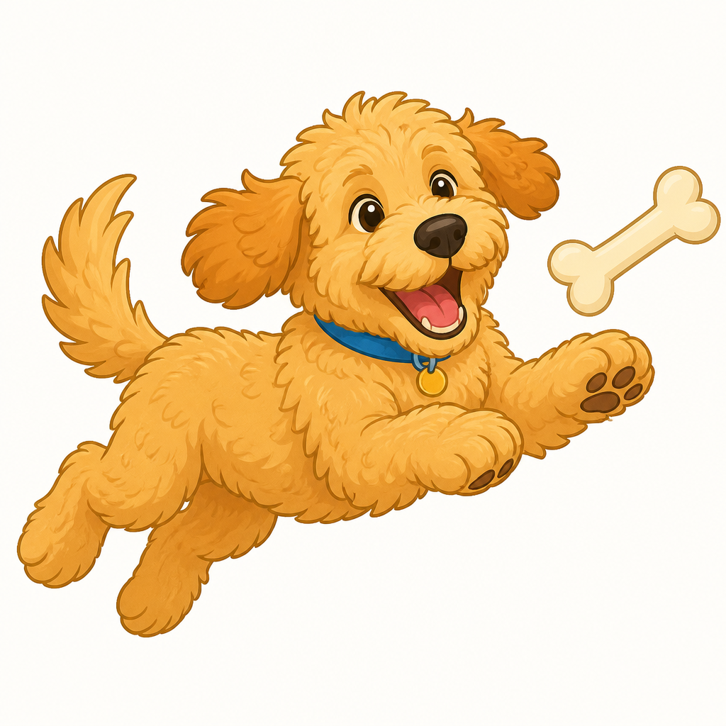 Dancing Goldendoodle with a bone
